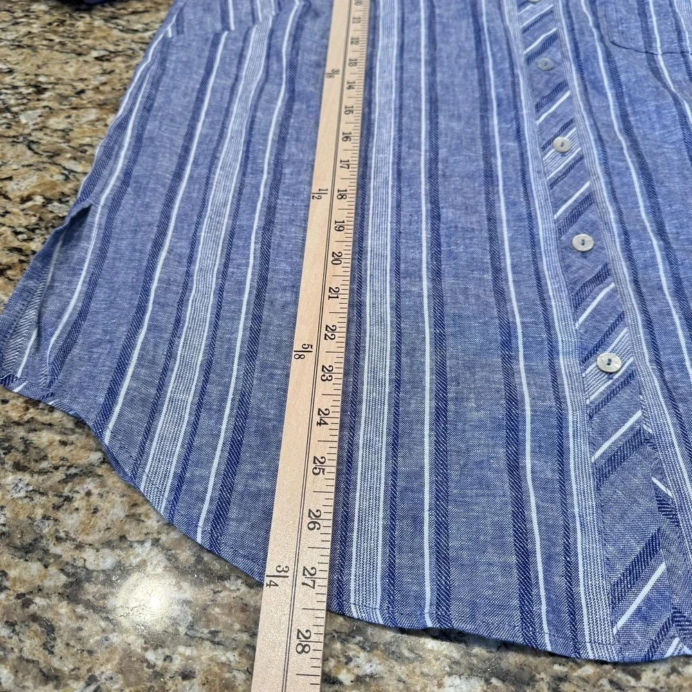 Susan‎ Graver Shirt Womens Petite Large Blue Stripe Linen Button Long Sleeve - Picture 5 of 8